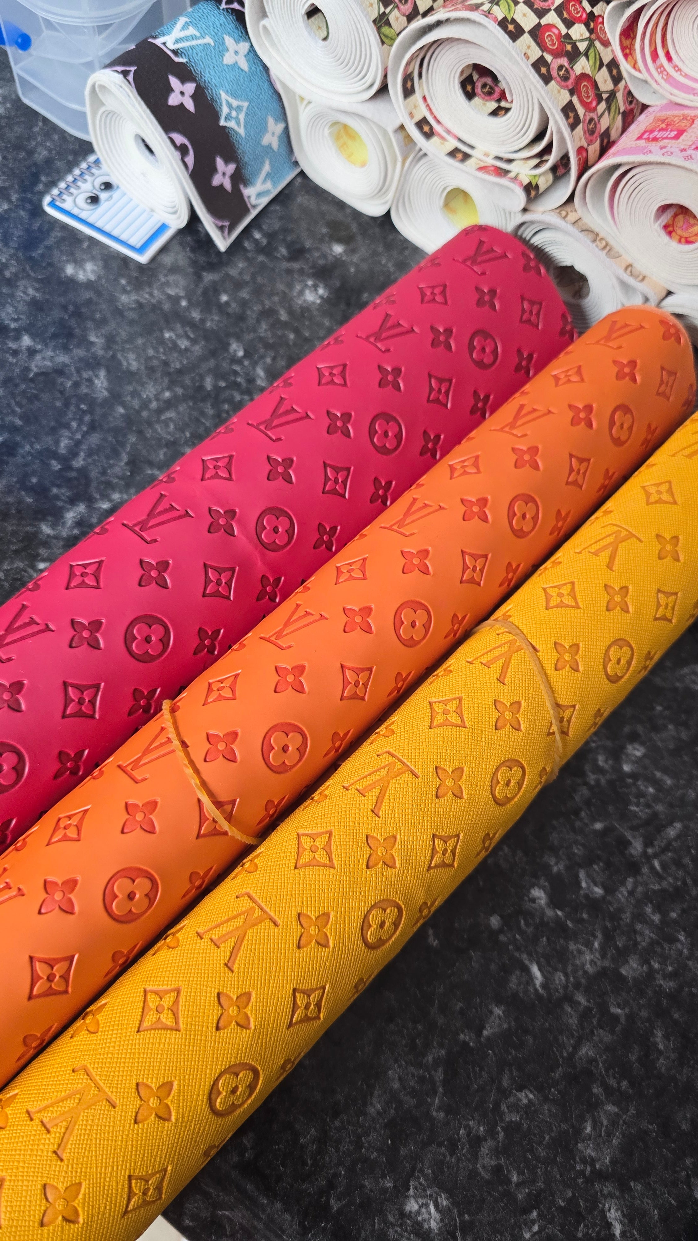 EMBOSSED faux leather brown, pink/ black/ rosa red /orange yellow / purple /navy and lt purple