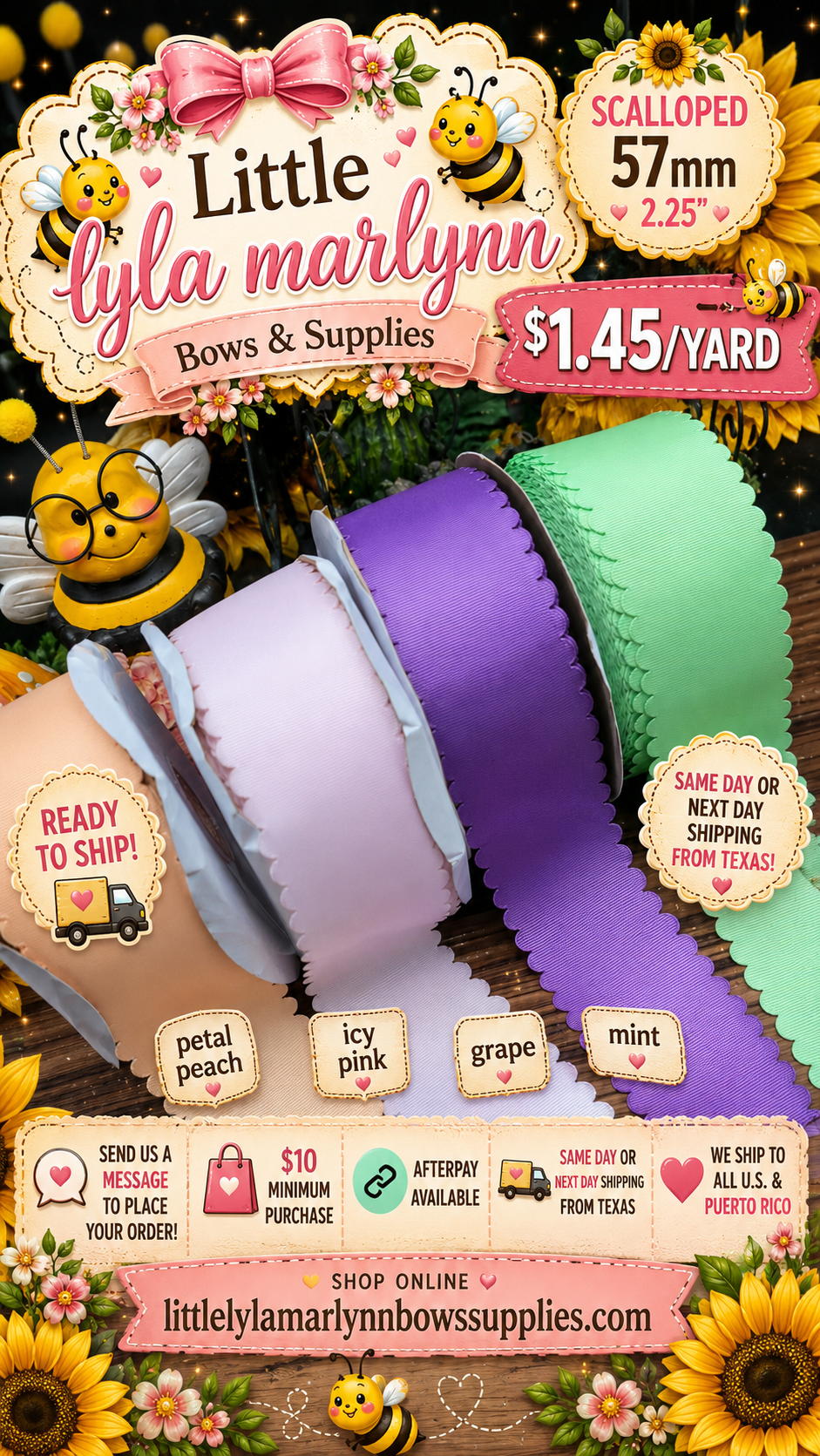 Scalloped  2.25" 57mm petal peach, icy pink, grape, mint