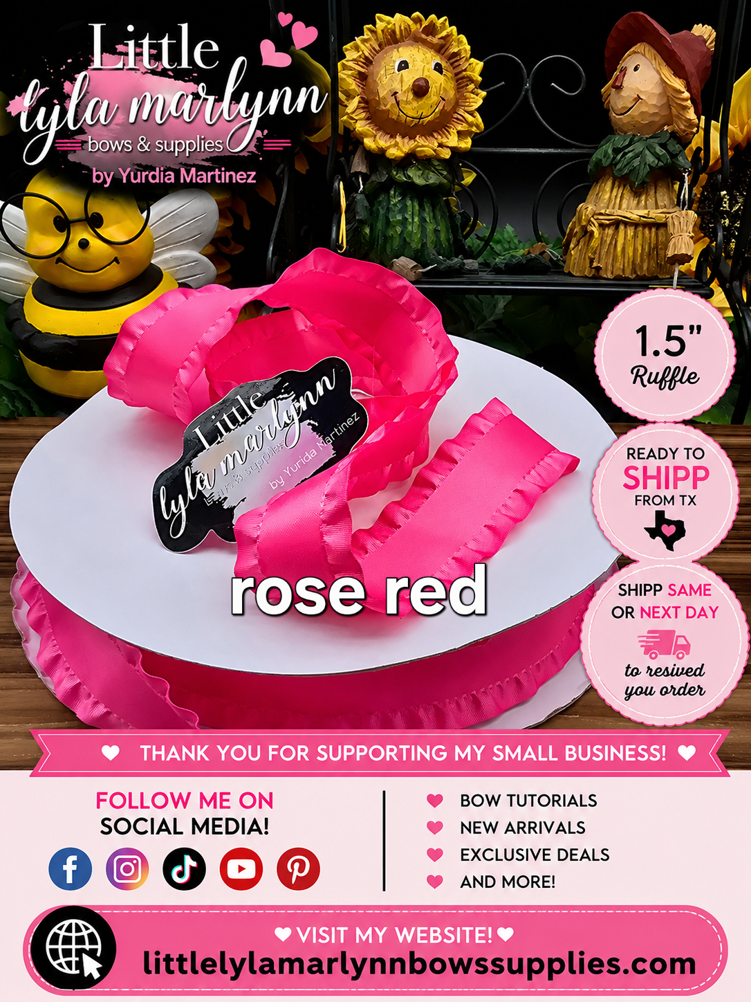 1.5" Ruffle/satin rose red