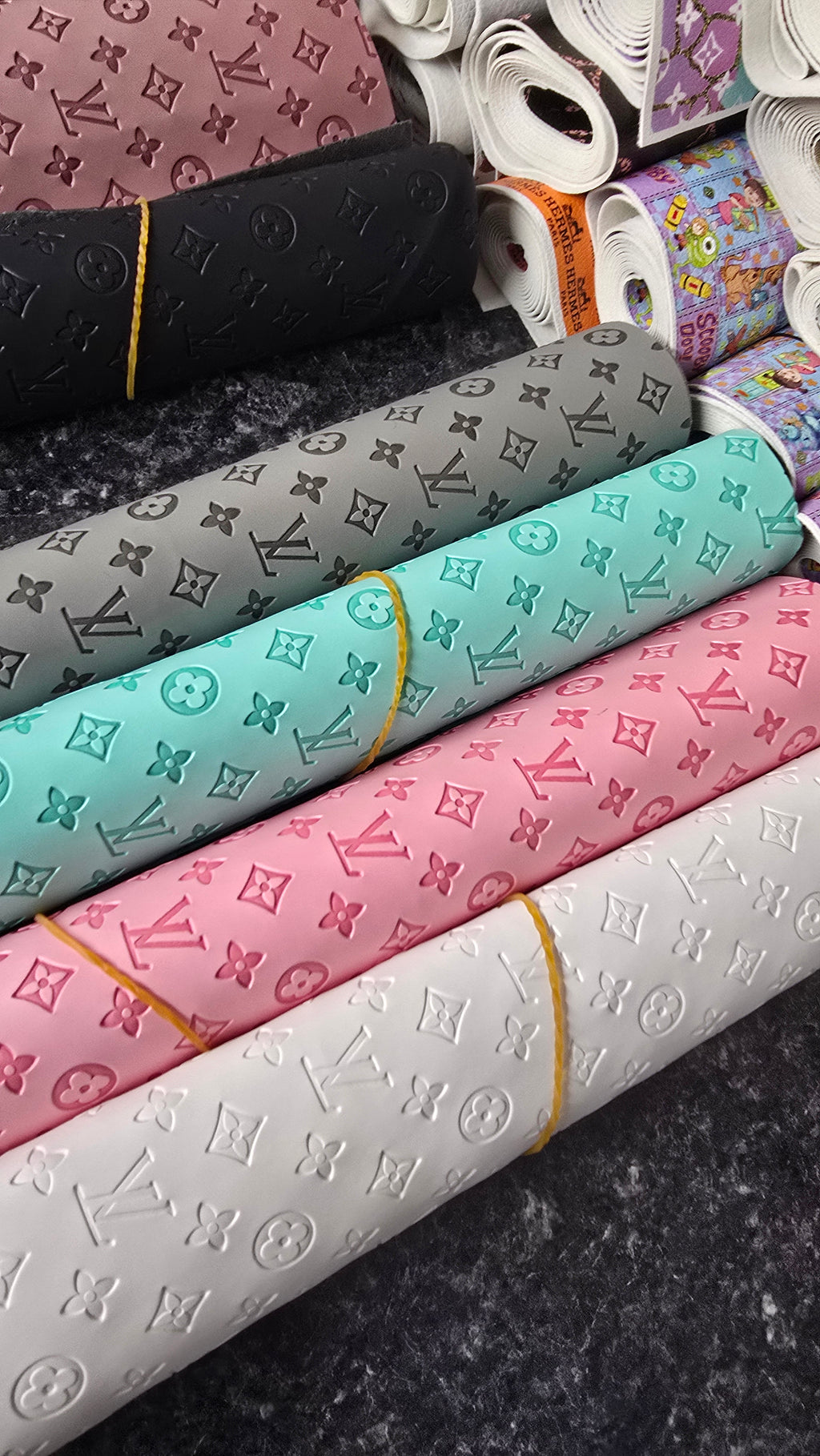 EMBOSSED faux leather brown, pink/ black/ rosa red /orange yellow / purple /navy and lt purple